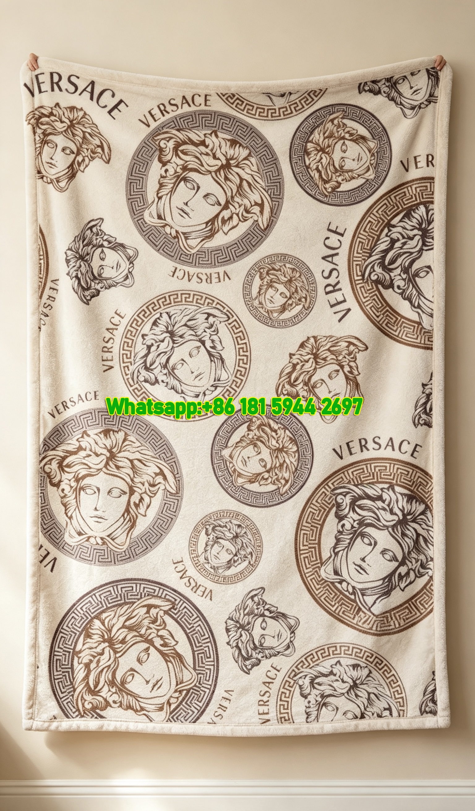 Versace Beige Brown Medusa All Over Print Flannel Sofa Throw Blanket IMG_1355